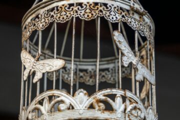 Close-up of an ornate vintage birdcage with butterfly designs, hanging indoors in Baguio.